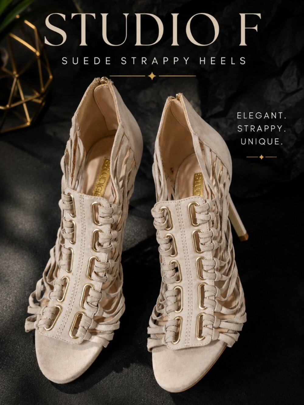 Studio F Taupe Lace-Up Caged High Heel Sandals Gold Hardware Size 40 EU